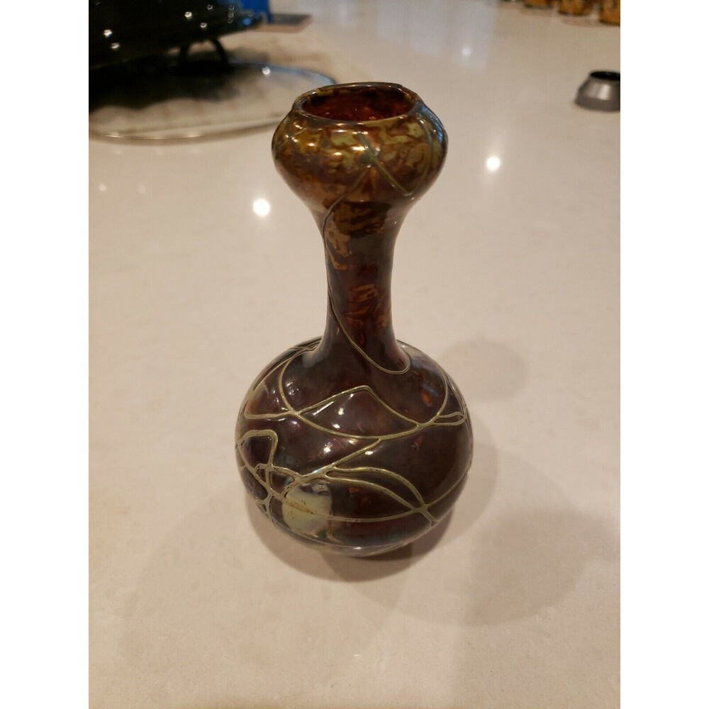 Antique Iridescent Silver Overlay Art Glass Vase Loetz-Type unsigned. Shipped wi